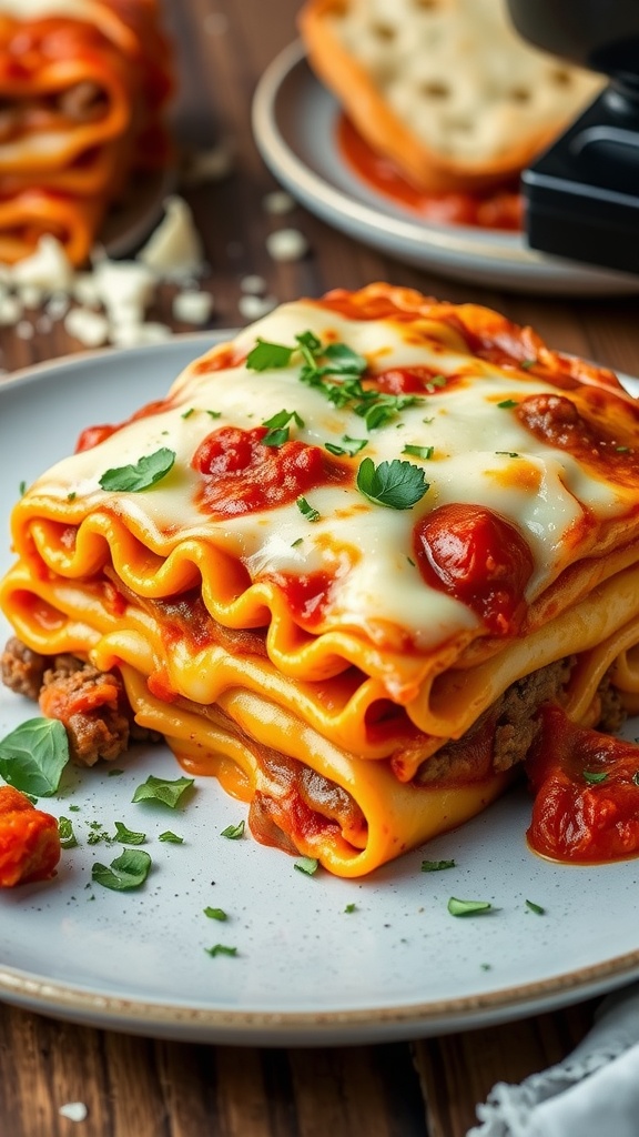 A hearty slow cooker lasagna with rich meat sauce and melted cheese, garnished with fresh herbs, served on a rustic table.